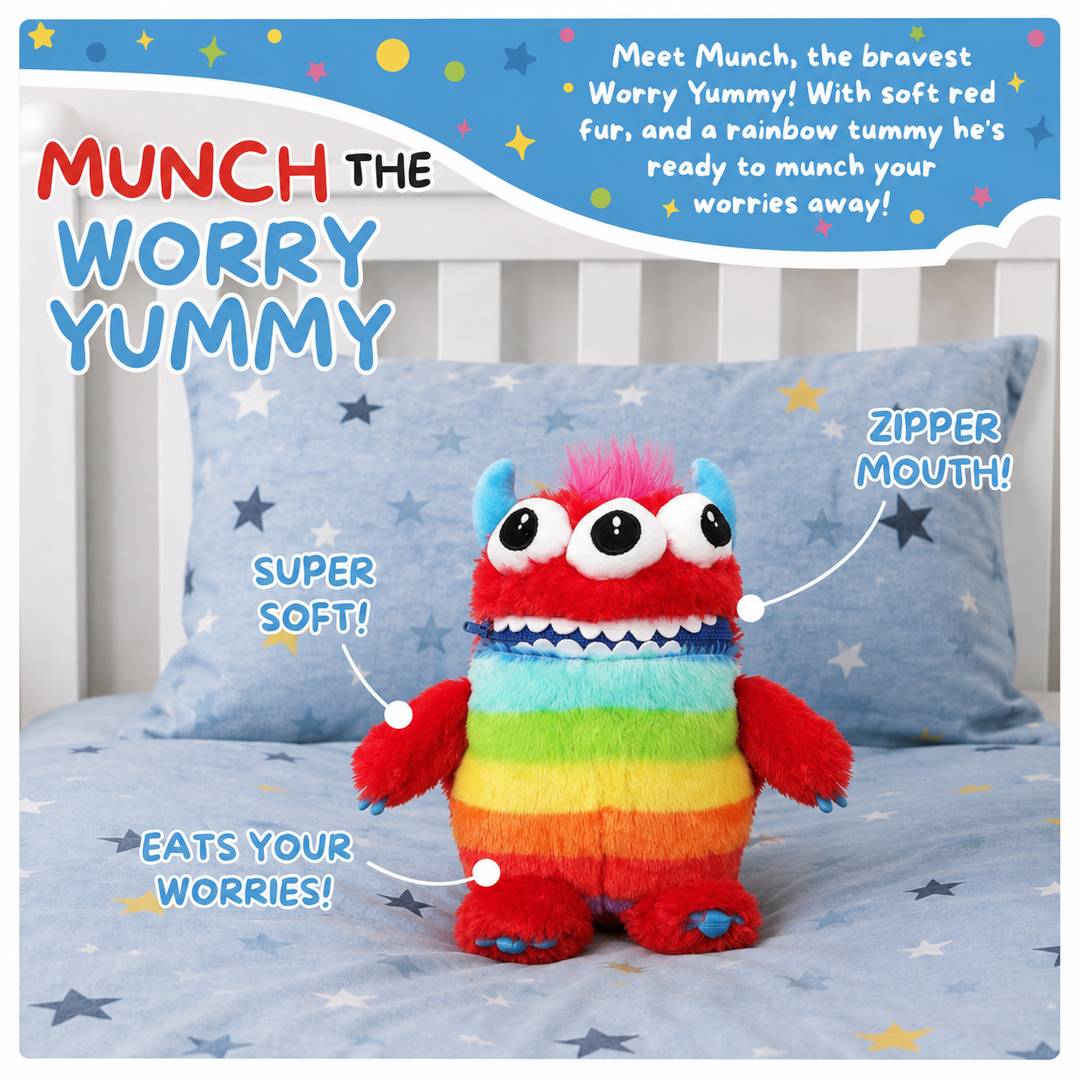 Kinder Sorgen Monster Stofftier Reißverschluss Mundtasche Plüsch Komfort Begleiter Geschenk - Produktbild 1