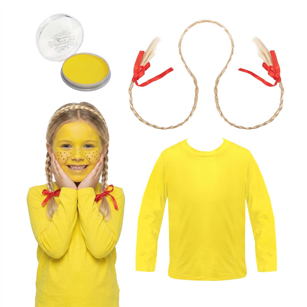 Yellow Sunshine Buch Charakter Kit T-Shirt geflochtenes Stirnband &amp; Gesichtsfarbe Kostüm